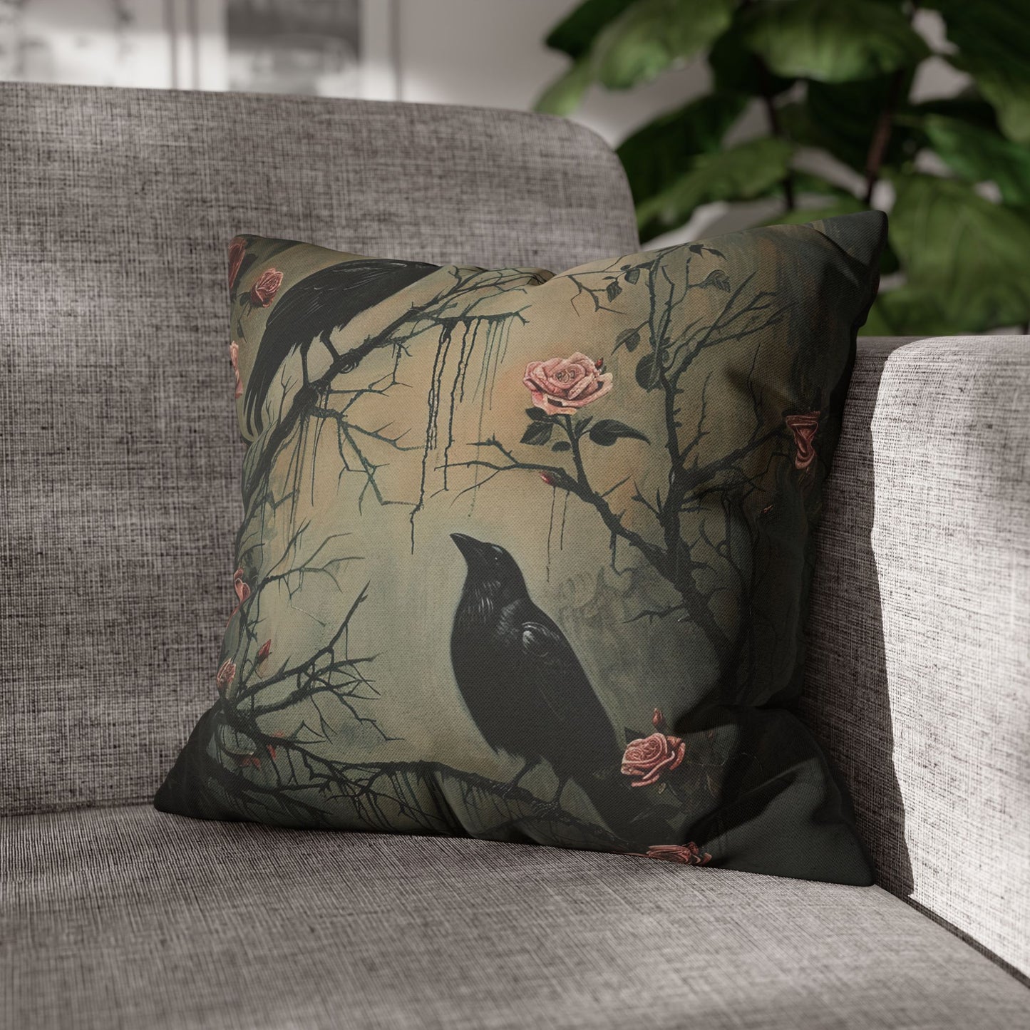 Raven Pillowcase, Dark Academia Decor, Wimsigoth Goth Gift, Crows Over Bros Cushion, Mucha Art Pillow, Spun Polyester Square Pillowcase