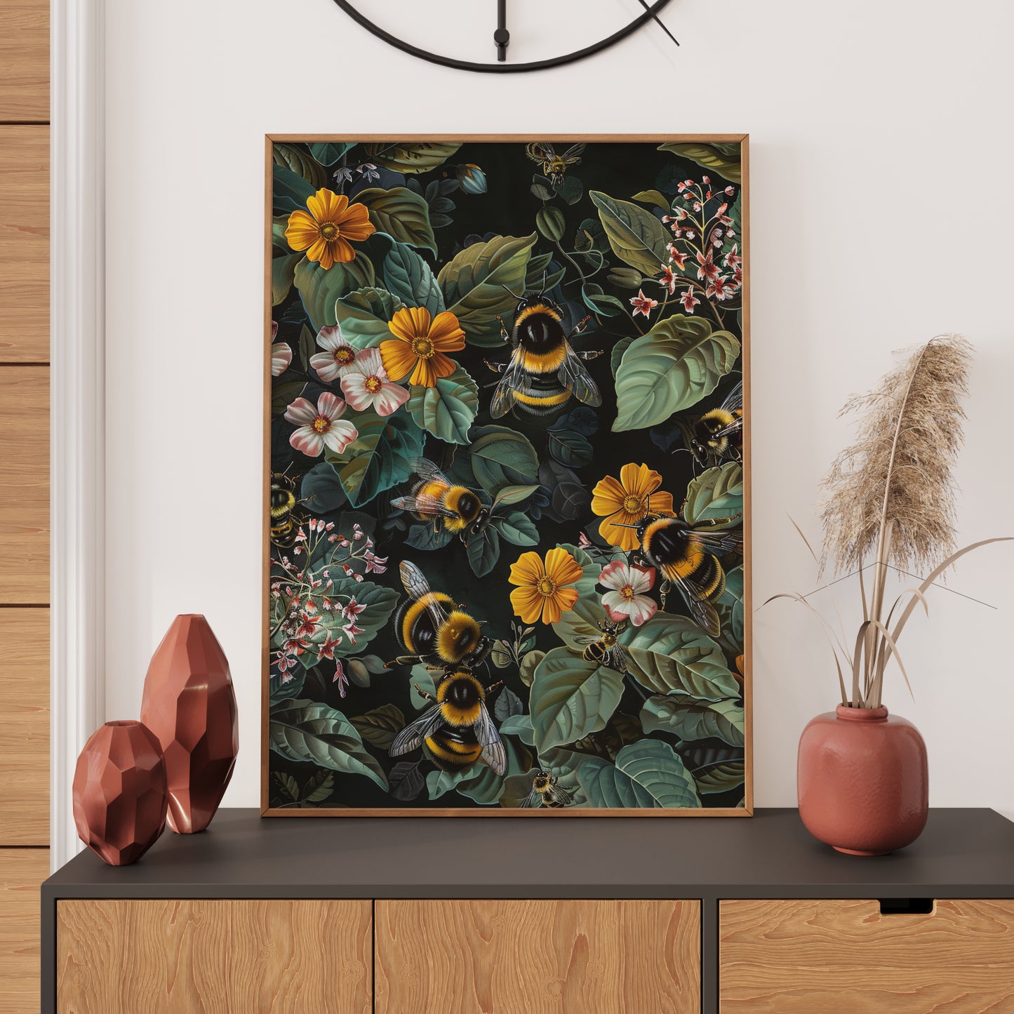 William Morris Inspired Bumble Bee Wall Art Print, Vintage Farmhouse Cottagecore Dark Academia Decor, Mid Century Botanical For Room Decor