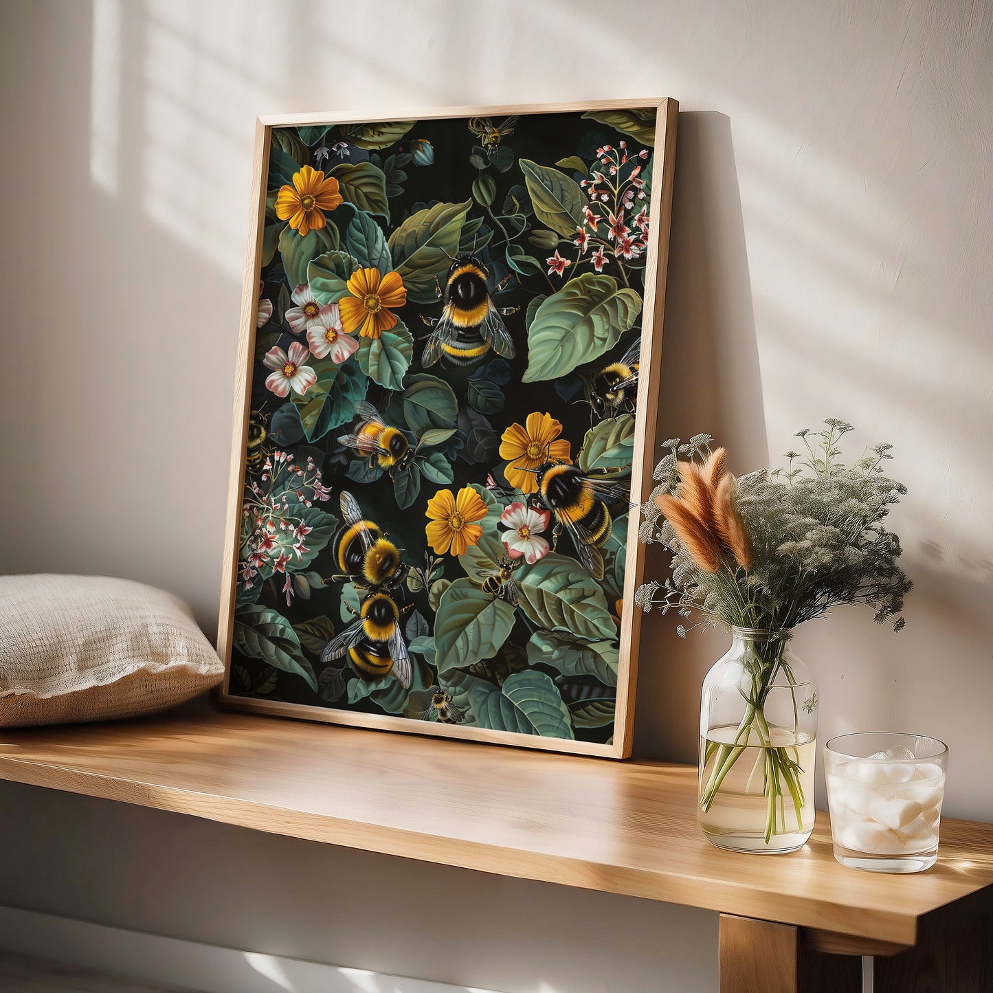 William Morris Inspired Bumble Bee Wall Art Print, Vintage Farmhouse Cottagecore Dark Academia Decor, Mid Century Botanical For Room Decor
