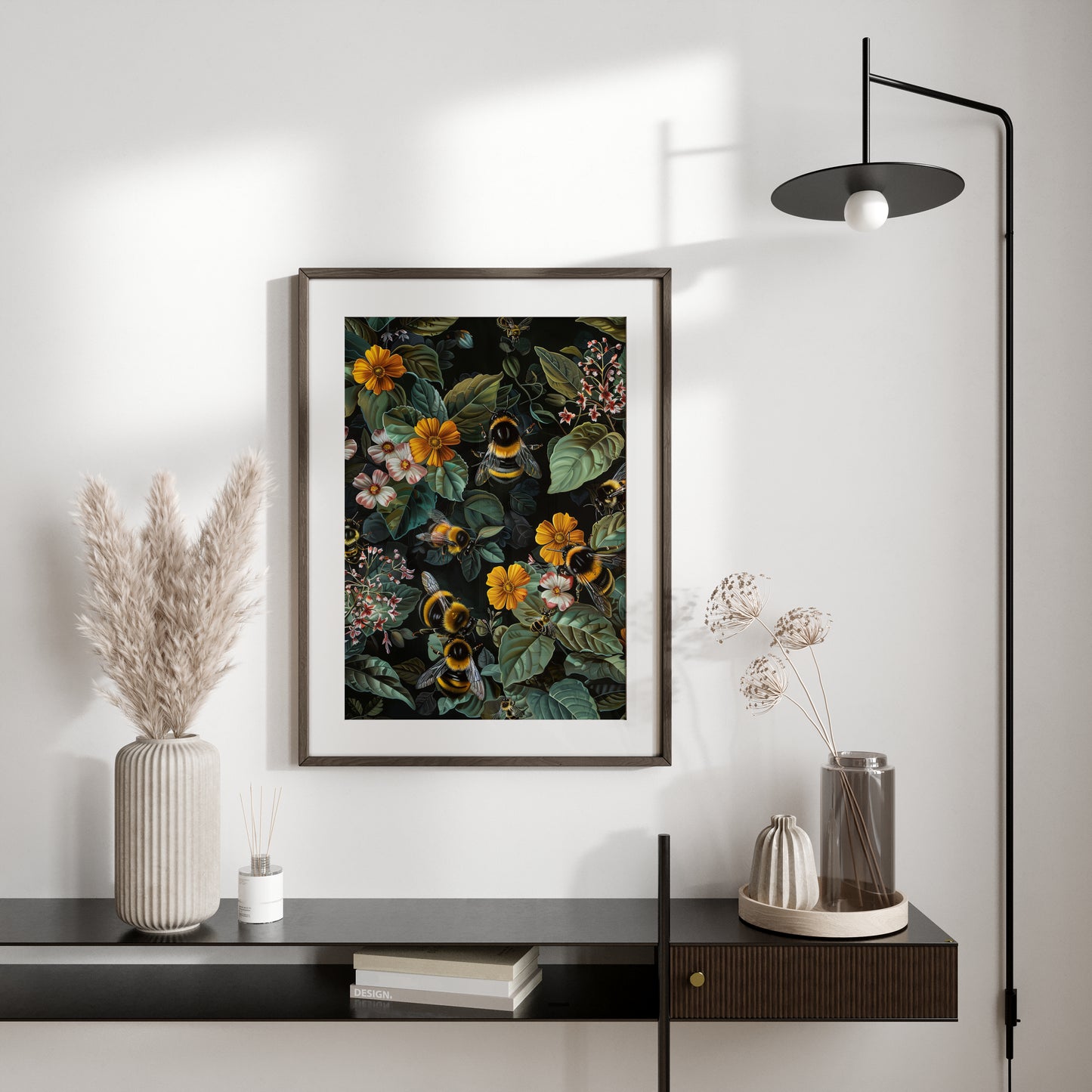 William Morris Inspired Bumble Bee Wall Art Print, Vintage Farmhouse Cottagecore Dark Academia Decor, Mid Century Botanical For Room Decor