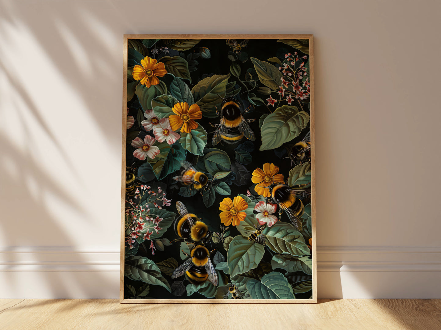 William Morris Inspired Bumble Bee Wall Art Print, Vintage Farmhouse Cottagecore Dark Academia Decor, Mid Century Botanical For Room Decor