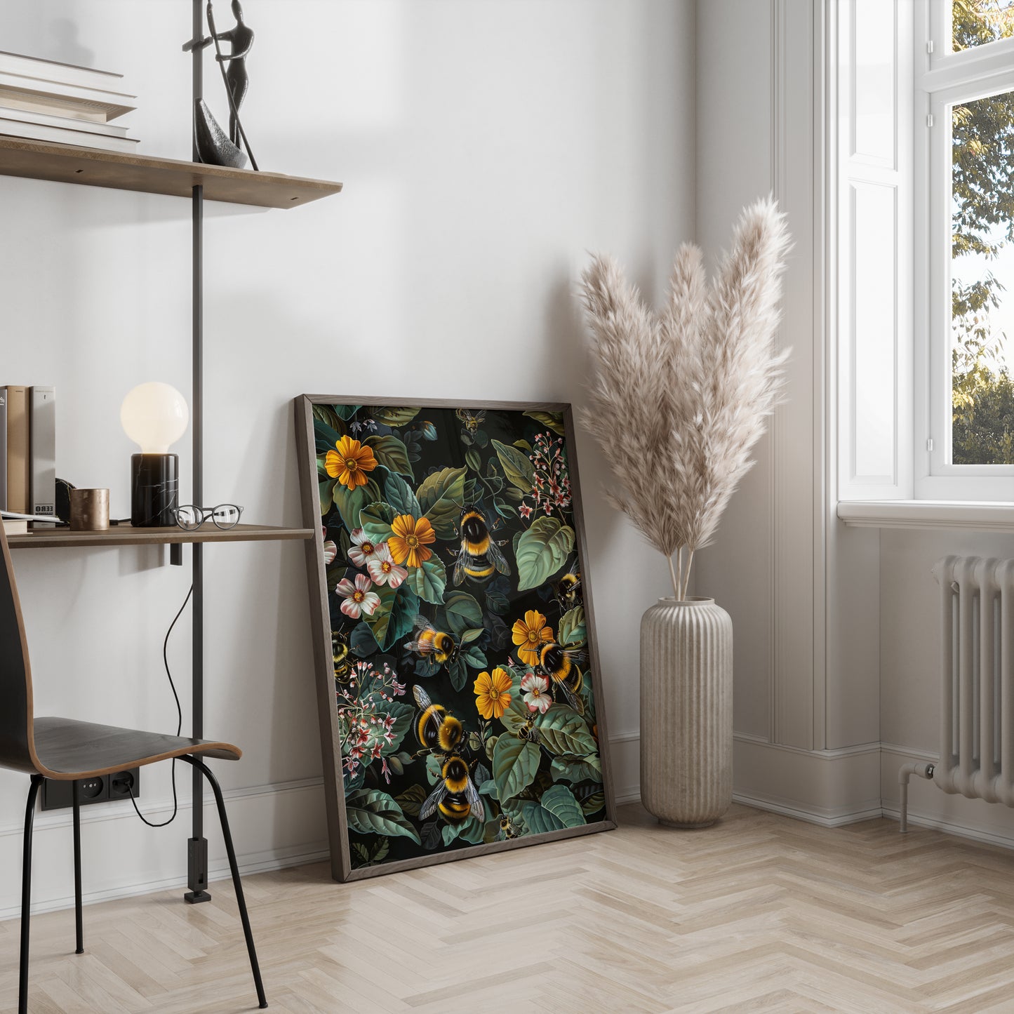 William Morris Inspired Bumble Bee Wall Art Print, Vintage Farmhouse Cottagecore Dark Academia Decor, Mid Century Botanical For Room Decor