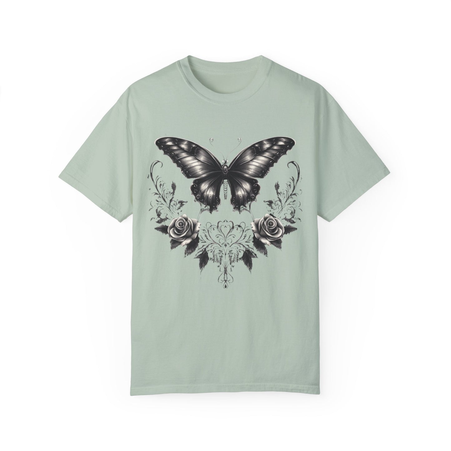 Vintage Women's Butterfly and Roses Gothic T-shirt, Unisex Garment-Dyed Tee, Goth Gift for Her, Retro Graphic Shirt, Casual Top