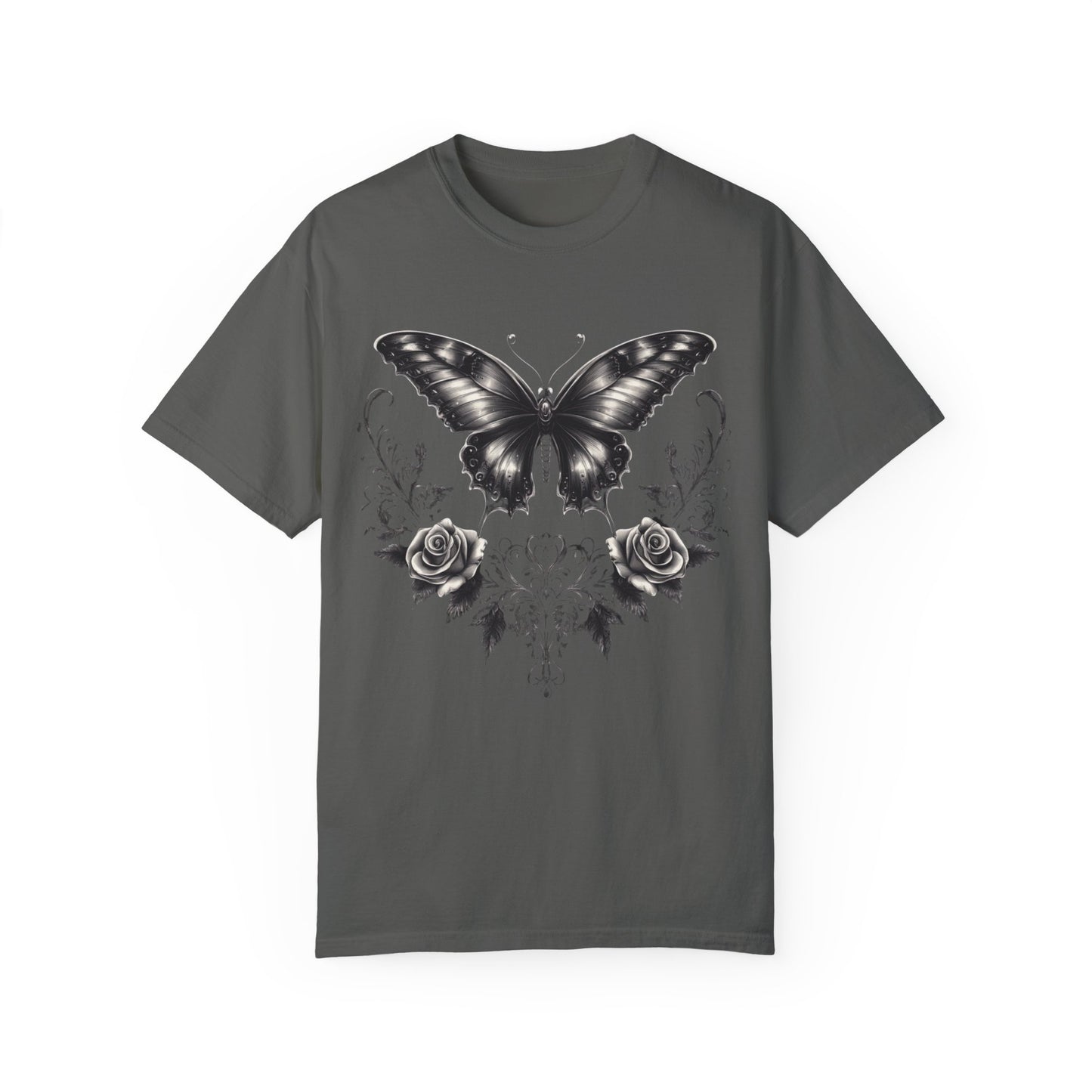 Vintage Women's Butterfly and Roses Gothic T-shirt, Unisex Garment-Dyed Tee, Goth Gift for Her, Retro Graphic Shirt, Casual Top