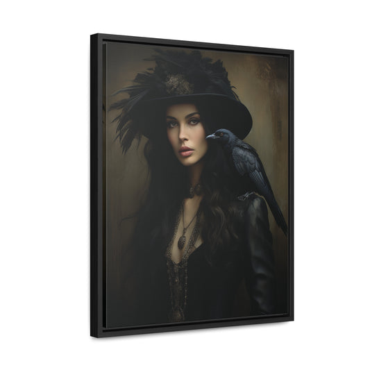 Dark Academia Decor, Vintage Stretched Canvas Framed, Art Poster Print, Gothic Victorian Art, "Victorian Woman Raven", Gifts For Her and Him, Halloween Decor