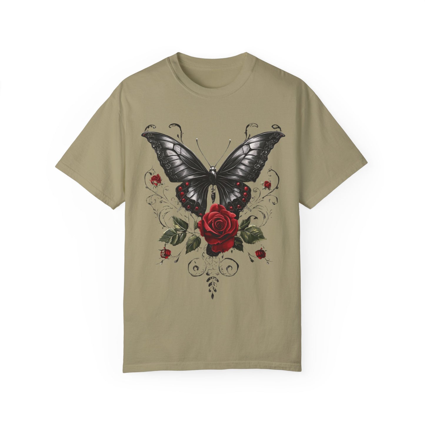 Vintage Women's Butterfly and Roses Gothic T-shirt, Unisex Garment-Dyed Tee, Goth Gift for Her, Retro Graphic Shirt, Casual Top