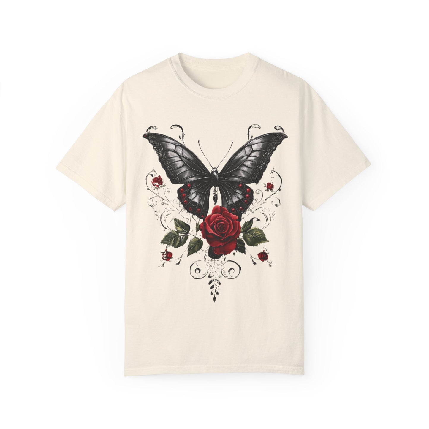 Vintage Women's Butterfly and Roses Gothic T-shirt, Unisex Garment-Dyed Tee, Goth Gift for Her, Retro Graphic Shirt, Casual Top