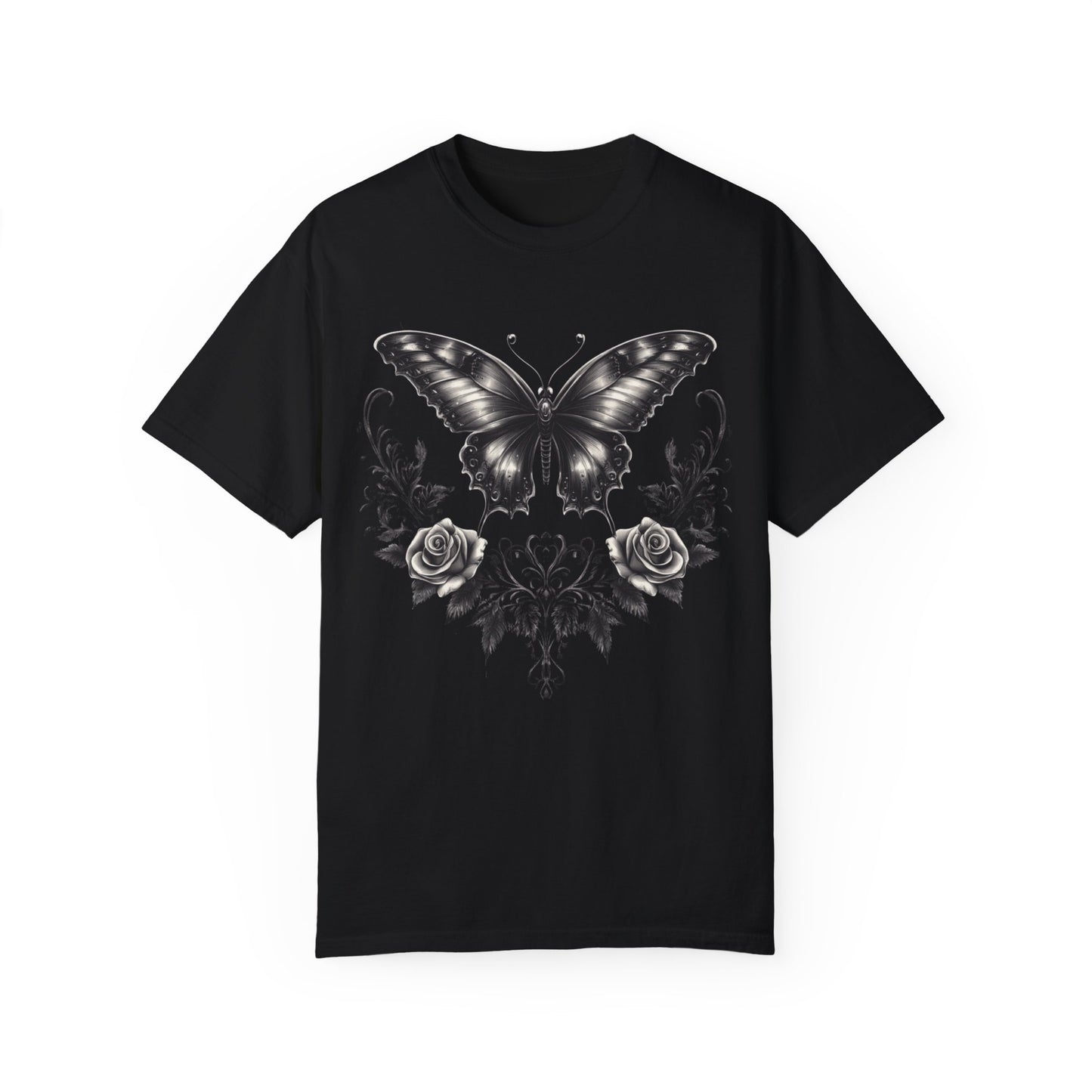 Vintage Women's Butterfly and Roses Gothic T-shirt, Unisex Garment-Dyed Tee, Goth Gift for Her, Retro Graphic Shirt, Casual Top