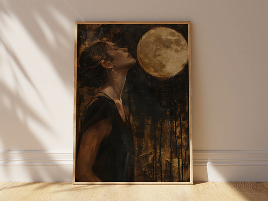 Dark Academia Decor Woman Reaching for The Moon, Fantasy Cottagecore, Gothic Academia, Vintage Painting For Room Decor, Moon Art