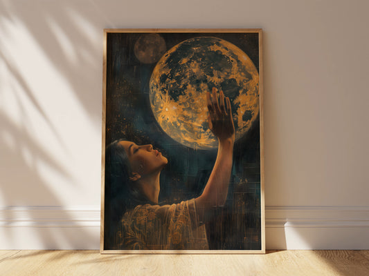 Dark Academia Decor Woman Reaching for The Moon, Fantasy Cottagecore, Gothic Academia, Vintage Painting For Room Decor, Moon Art