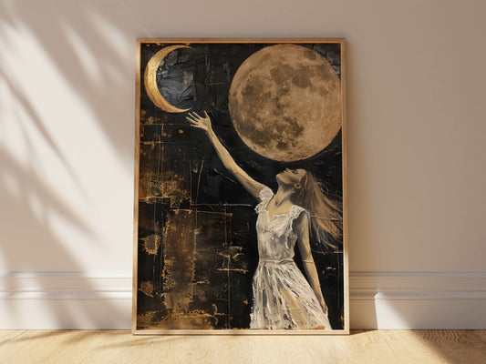 Dark Academia Decor Woman Reaching for The Moon, Fantasy Cottagecore, Gothic Academia, Vintage Painting For Room Decor, Moon Art