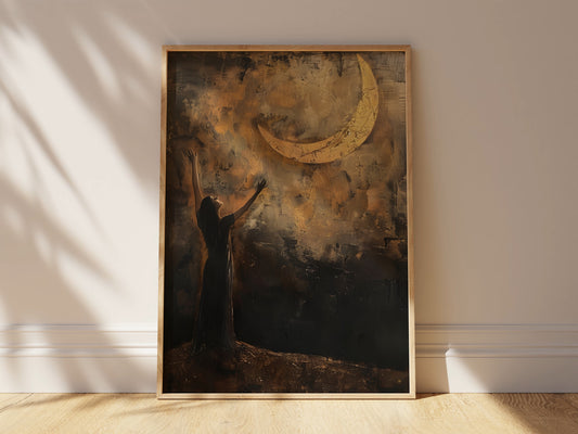 Dark Academia Decor Woman Reaching for The Moon, Fantasy Cottagecore, Gothic Academia, Vintage Painting For Room Decor, Moon Art