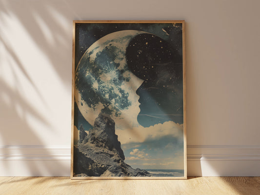 Enchanting Celestial Moon Art Print - Vintage-Inspired - Dark Academia, Dark Cottagecore, Night Sky Painting, Moon Art Print