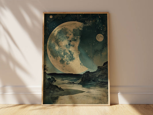 Enchanting Celestial Moon Art Print - Vintage-Inspired - Dark Academia, Dark Cottagecore, Night Sky Painting, Moon Art Print