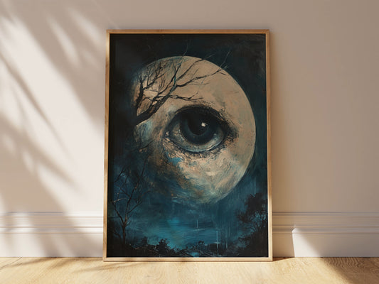 Enchanting Celestial Moon Art Print - Vintage-Inspired - Dark Academia, Dark Cottagecore, Night Sky Painting, Moon Art Print