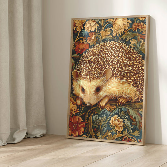 William Morris Inspired Hedgehog Art Print, Cottagecore Decor, Globincore Decor, Winsigoth Decor, Floral Art Print, Forestcore Decor