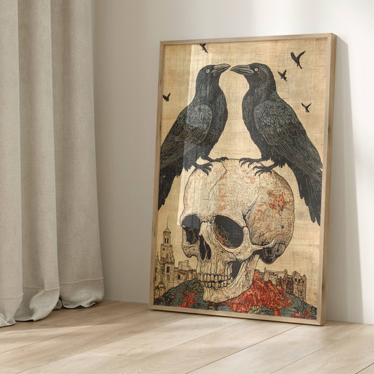 William Morris Inspired Ravens & Skull Art Print, Cottagecore Decor, Globincore Decor, Winsigoth Decor, Floral Art Print, Forestcore Decor