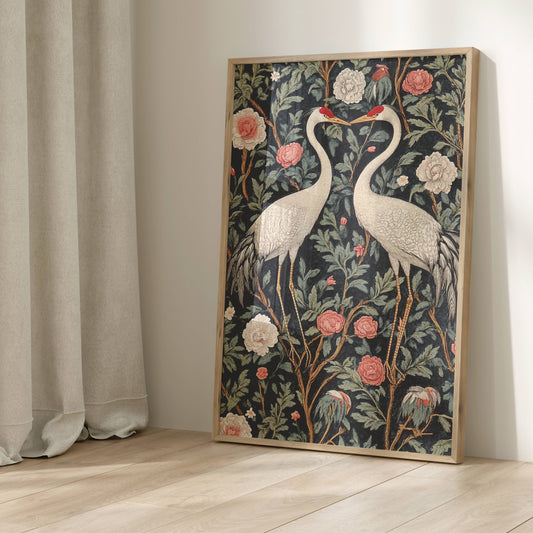 William Morris Inspired Cranes Art Print, Cottagecore Decor, Globincore Decor, Winsigoth Decor, Floral Art Print, Forestcore Decor
