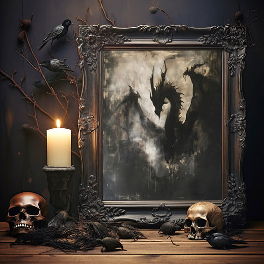 Dark Academia Print, Gothic Dragon, Vintage-Inspired, Dark Cottagecore, Dark Moody Landscape, Gothic Horror Wall Art, Dark Aesthetic Decor