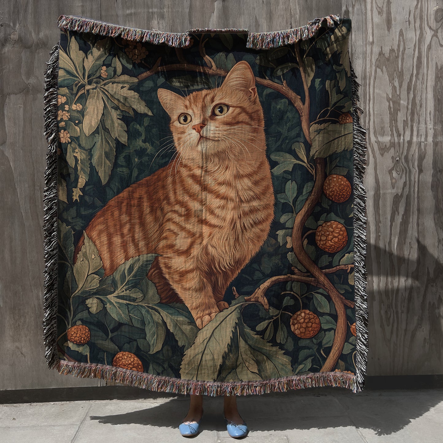 Dark Academia William Morris Inspired Orange Cat Woven Blanket, Tapestry Wall Art, Gothic Home Decor, Witchy Gift, Wimsigoth, Cat Lovers