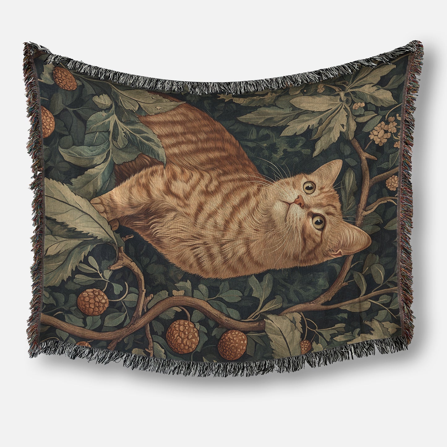 Dark Academia William Morris Inspired Orange Cat Woven Blanket, Tapestry Wall Art, Gothic Home Decor, Witchy Gift, Wimsigoth, Cat Lovers