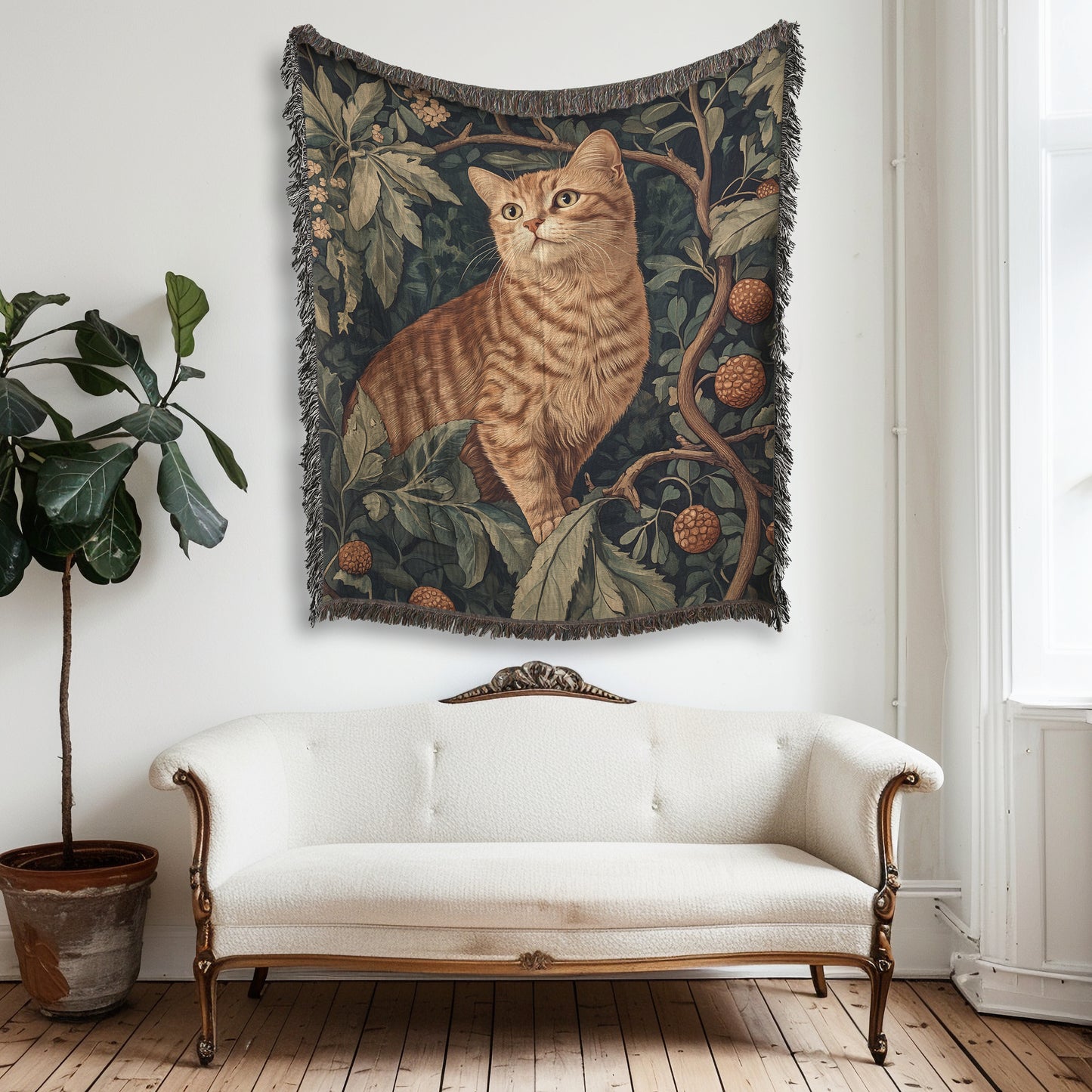 Dark Academia William Morris Inspired Orange Cat Woven Blanket, Tapestry Wall Art, Gothic Home Decor, Witchy Gift, Wimsigoth, Cat Lovers