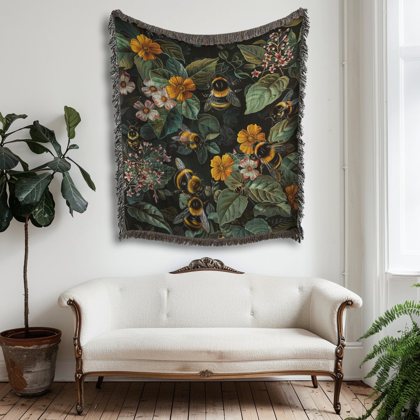 Woven Blanket or Wall Tapestry William Morris Inspired Bumble Bee , Tapestry Wall Art, Botanical Home Decor, Gift, Moody Blanket, Wimsigoth