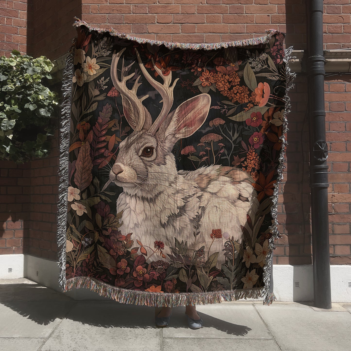 Jackalope Woven Blanket or Tapestry, Mucha Art Tapestry Wall Art, Botanical Home Decor, Witchy Gift, Moody Blanket, Wimsigoth