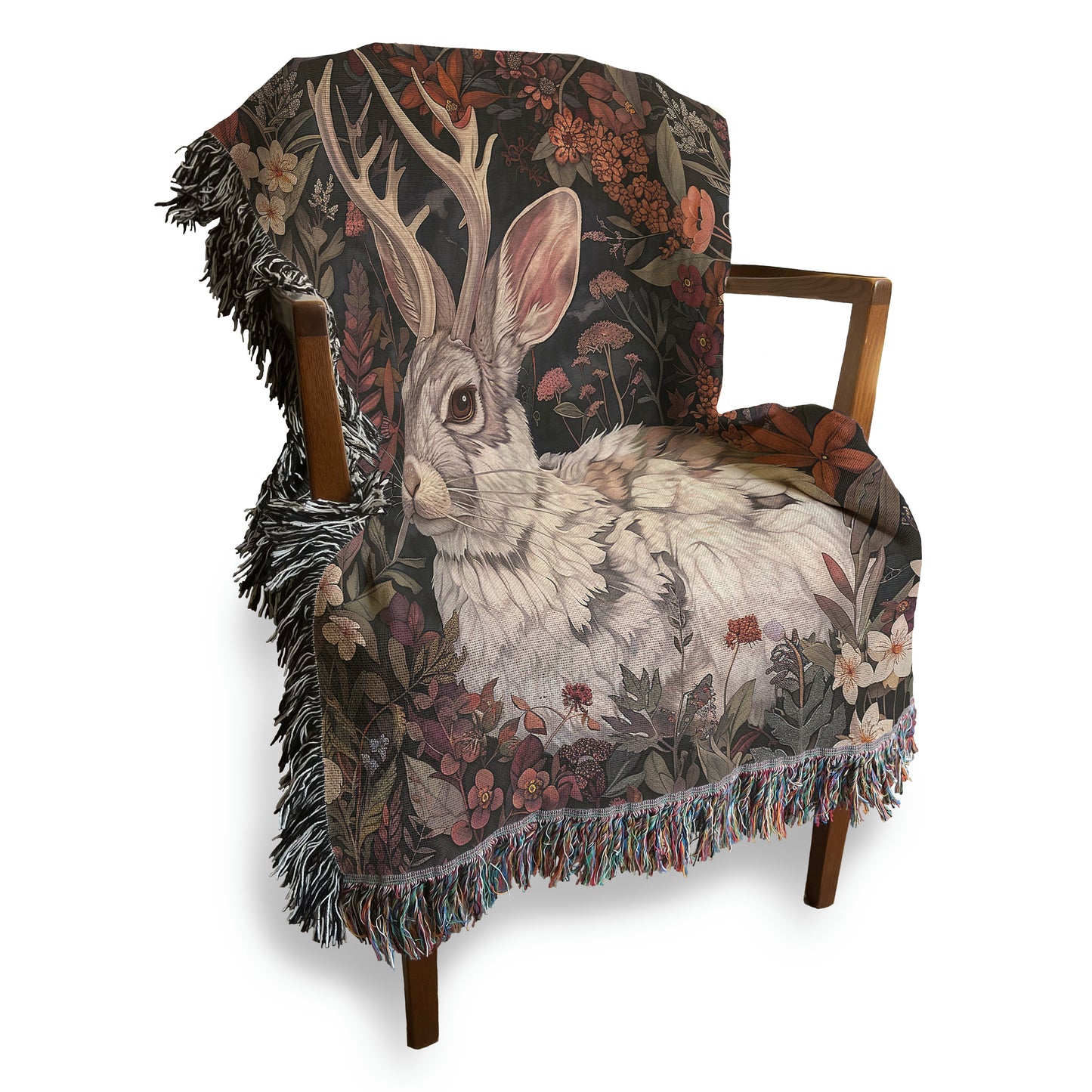 Jackalope Woven Blanket or Tapestry, Mucha Art Tapestry Wall Art, Botanical Home Decor, Witchy Gift, Moody Blanket, Wimsigoth