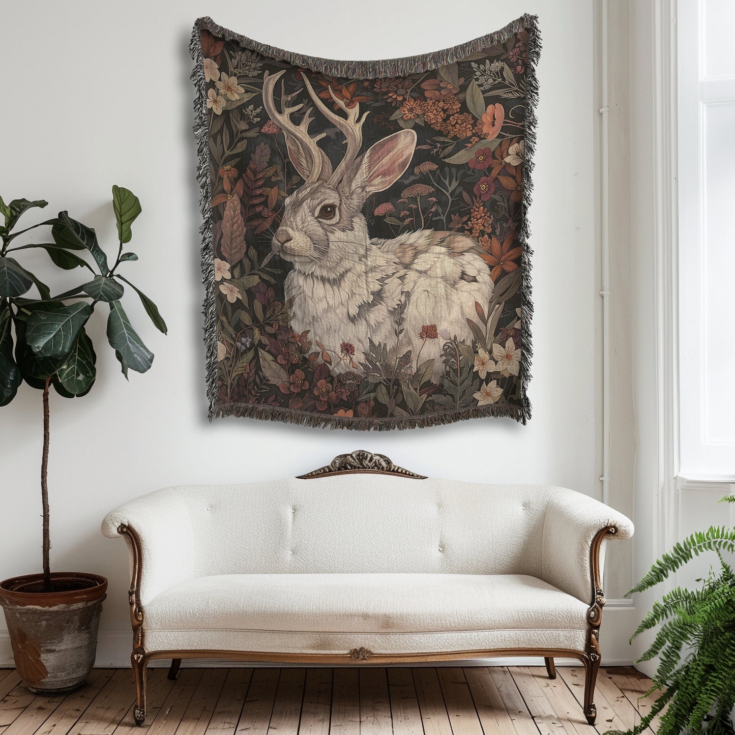 Jackalope Woven Blanket or Tapestry, Mucha Art Tapestry Wall Art, Botanical Home Decor, Witchy Gift, Moody Blanket, Wimsigoth