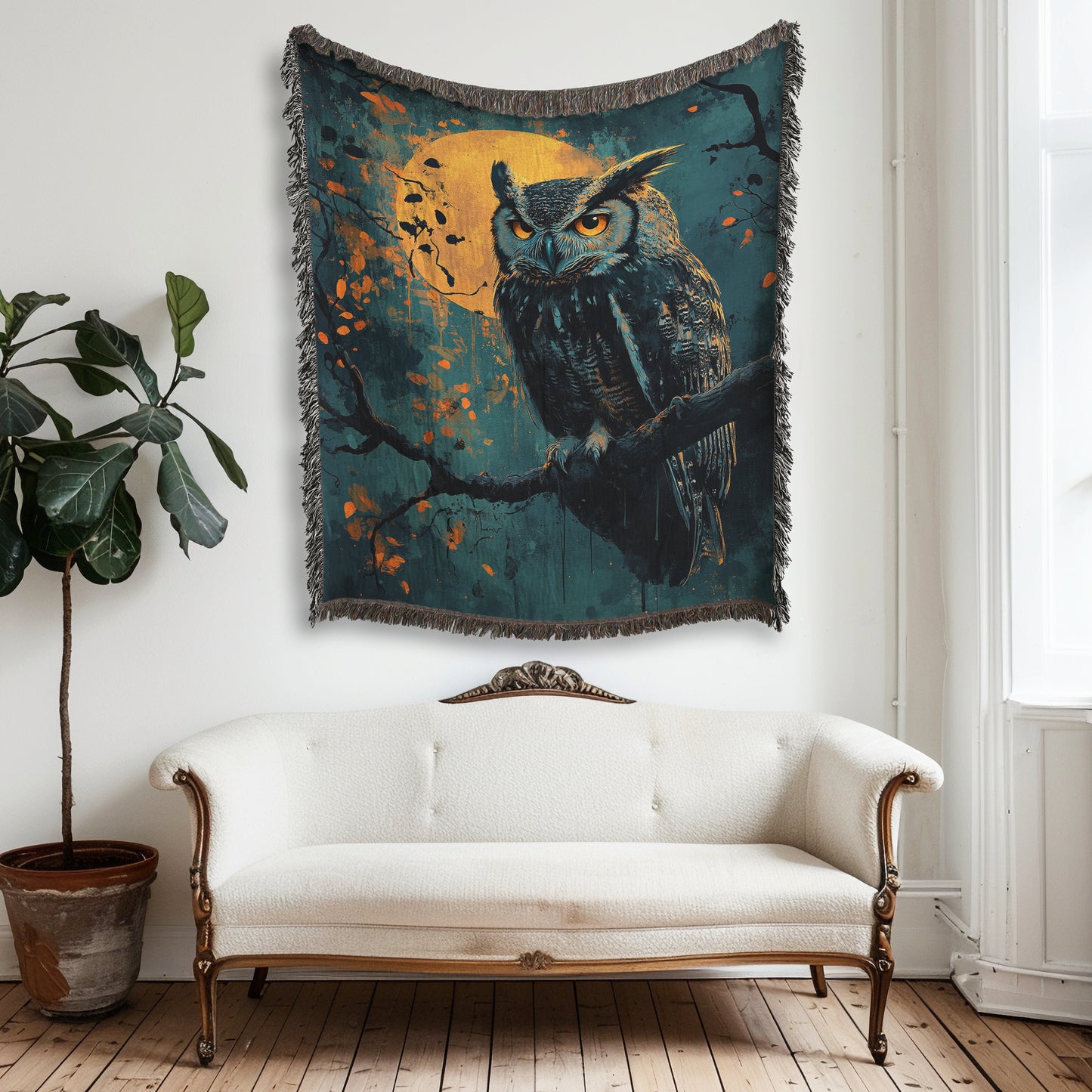 Owl Woven Blanket or Tapestry, Mucha Art Tapestry Wall Art, Mystical Decor, Witchy Gift, Yoga Blanket, Wimsigoth, Hippie Gift