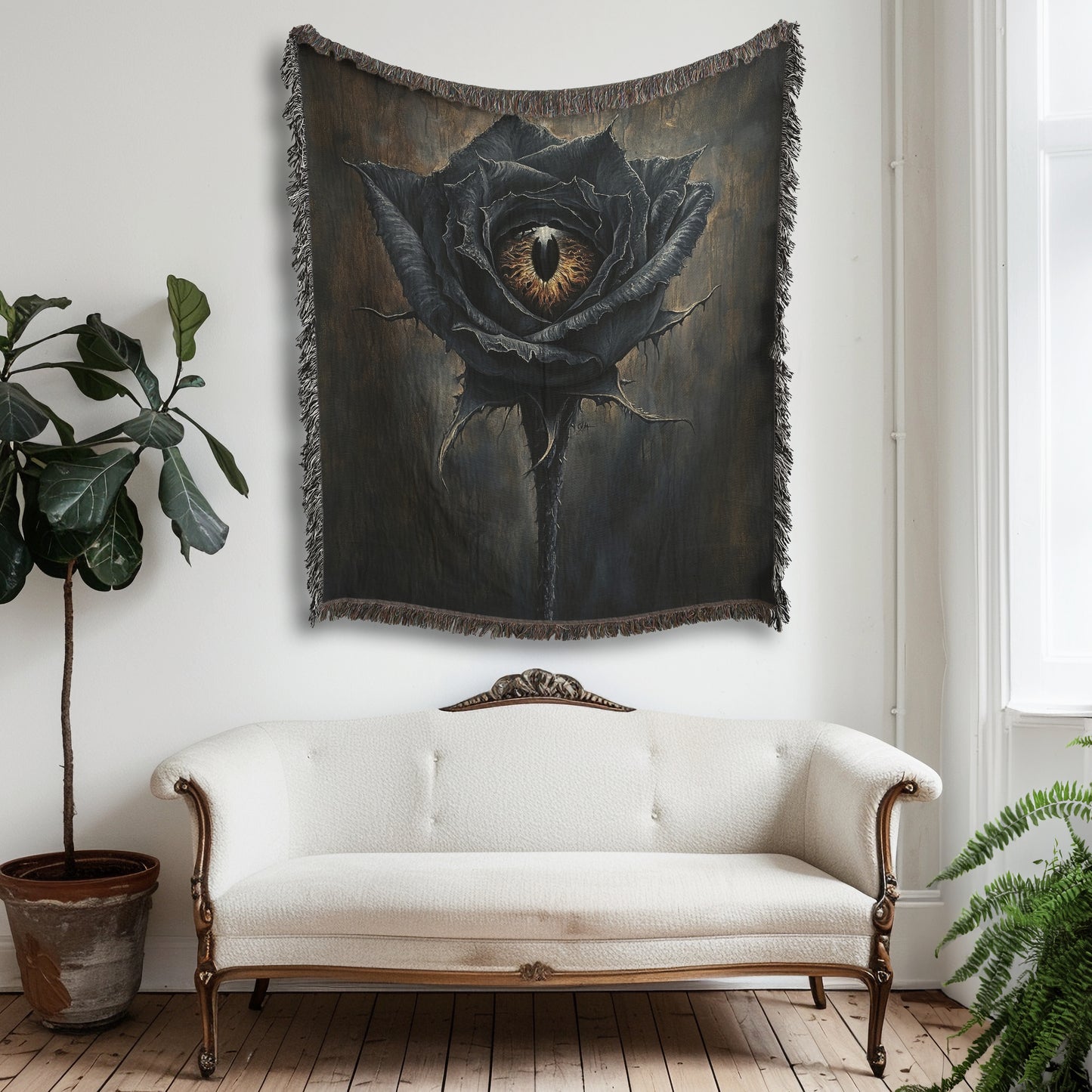 Gothic Black Rose Woven Blanket or Tapestry, Mucha Art Tapestry Wall Art, Mystical Decor, Witchy Gift, Yoga Blanket, Wimsigoth, Hippie Gift