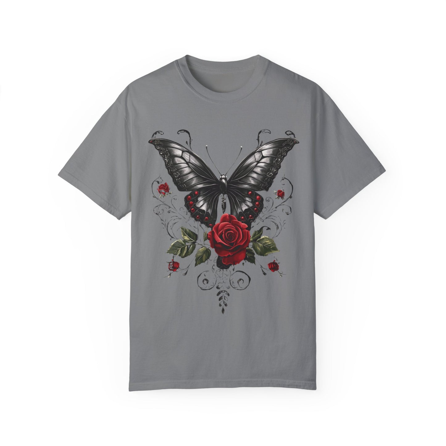 Vintage Women's Butterfly and Roses Gothic T-shirt, Unisex Garment-Dyed Tee, Goth Gift for Her, Retro Graphic Shirt, Casual Top