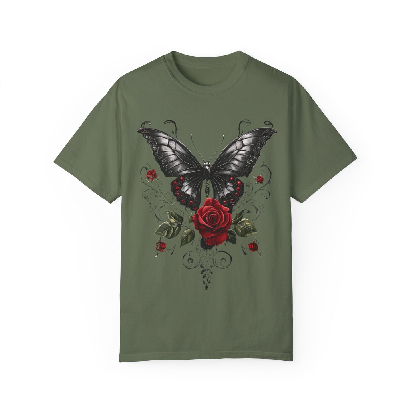 Vintage Women's Butterfly and Roses Gothic T-shirt, Unisex Garment-Dyed Tee, Goth Gift for Her, Retro Graphic Shirt, Casual Top