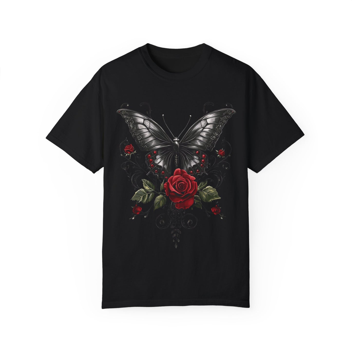 Vintage Women's Butterfly and Roses Gothic T-shirt, Unisex Garment-Dyed Tee, Goth Gift for Her, Retro Graphic Shirt, Casual Top