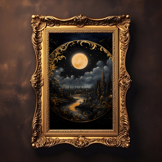 Enchanting Celestial Moon Art Print - Vintage-Inspired - Dark Academia, Dark Cottagecore, Night Sky Painting, Moon Art Print