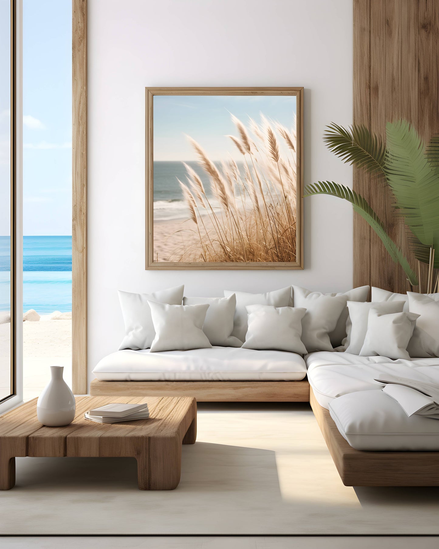 Neutral Beach Print Wall Art Boho Decor Coastal Wall Art Pampas Grass Print Minimalist Wall Art Ocean Poster Landscape Photography