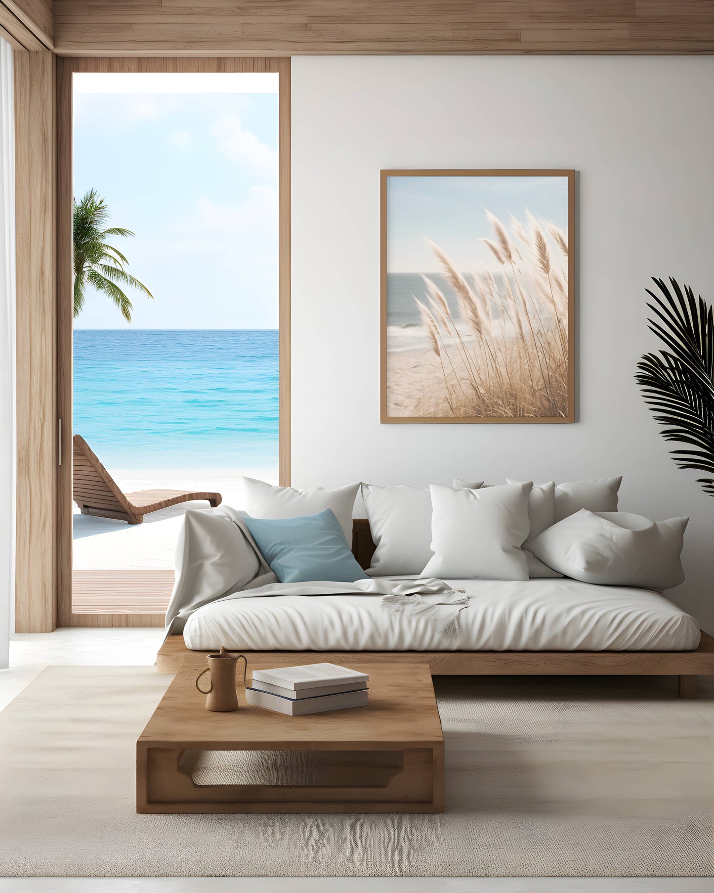 Neutral Beach Print Wall Art Boho Decor Coastal Wall Art Pampas Grass Print Minimalist Wall Art Ocean Poster Landscape Photography