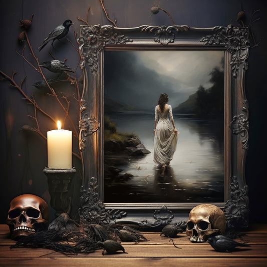 Walking Into The Lake - Dark Academia Print, Moody Victorian Wall Art, Dark Decor Aesthetic, Dark Cottagecore, Gothic Prints